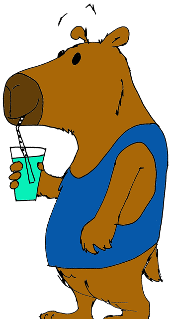 Dibujo de Pablo: un carpincho con musculosa tomando agua de un vaso