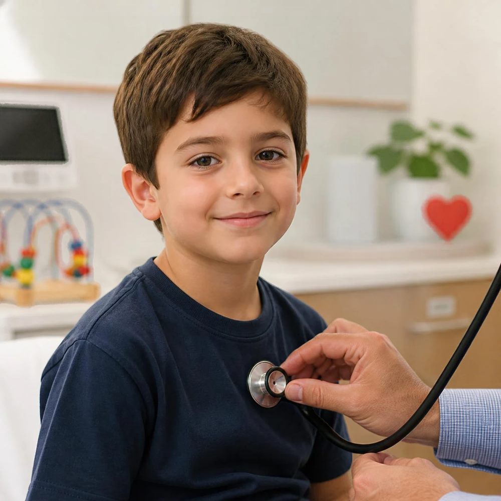 Un chico tranquilo y sonriente mientras el médico le escucha el corazón con el estetoscopio